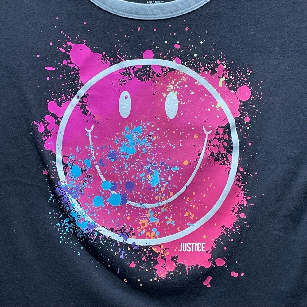 Justice Medium Girls Black T Shirt Smile Face Pink Purple Blue Splatter Paint